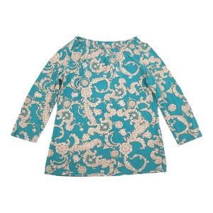 Talbots Paisley Print Off or On the Shoulder Top Small Teal Blue Cream Blouse S